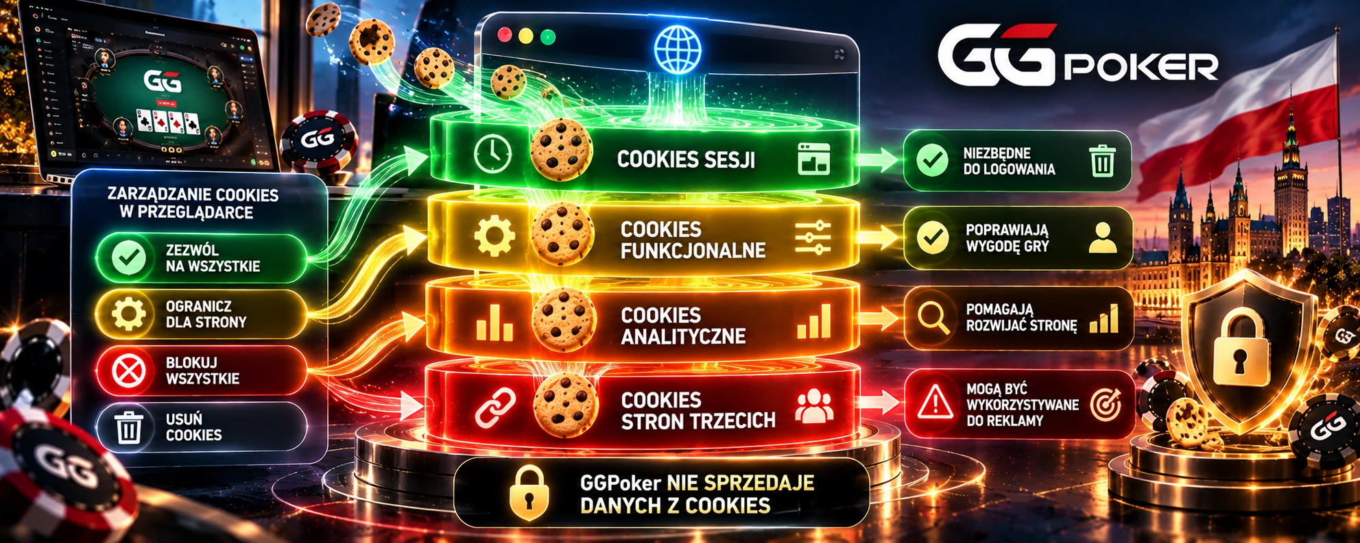 GGPoker w Polsce - wizualizacja cookies sesji, funkcjonalnych, analitycznych i plików stron trzecich oraz zarządzania prywatnością.