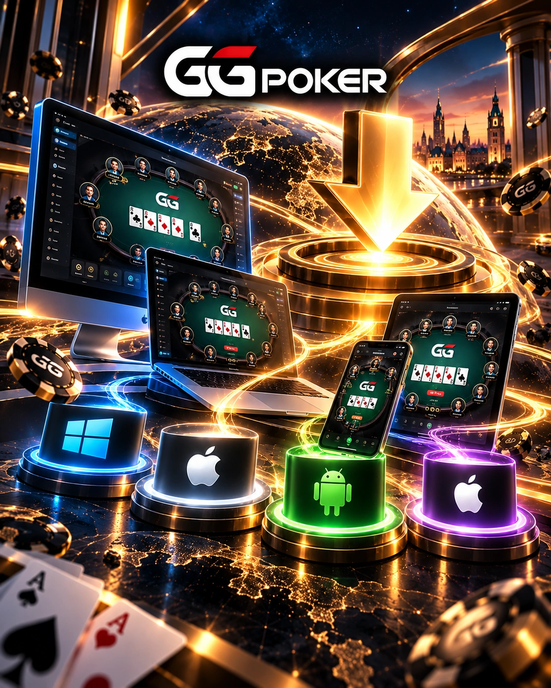 GGPoker download illustration with Windows, Mac, Android and iOS devices, gaming interface and large download icon.