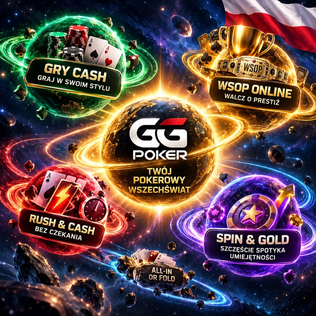 GGPoker w Polsce - wizualizacja formatów pokera Cash Games, WSOP Online, Rush & Cash oraz Spin & Gold.