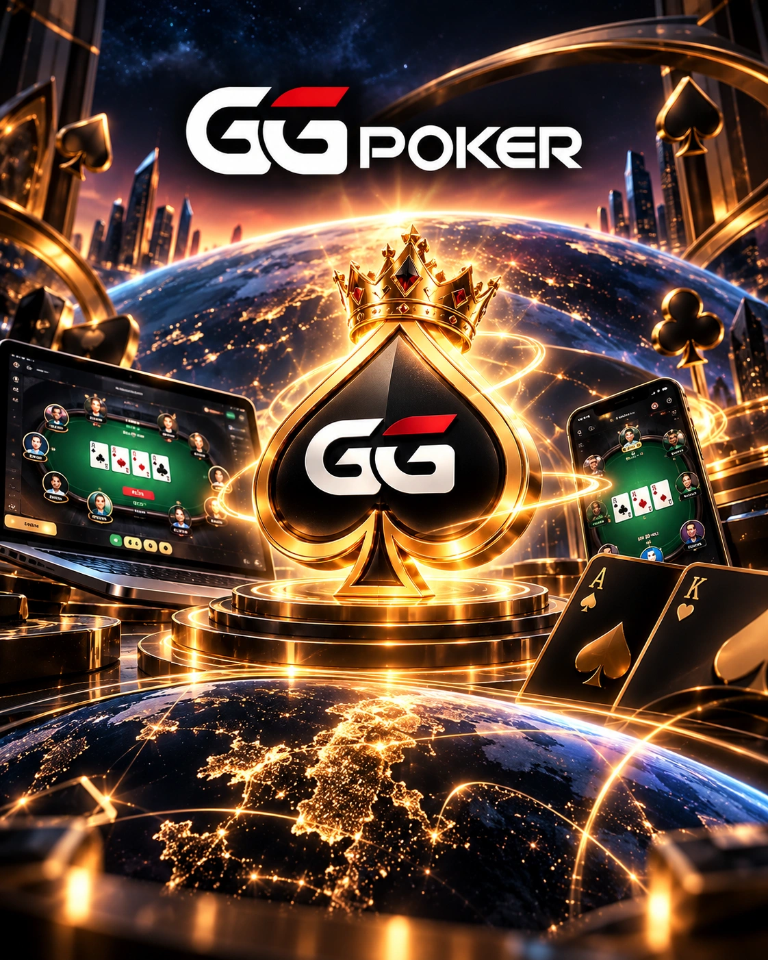 GGPoker w Polsce - logo marki, królewski symbol pika, pokerowe stoły i globalna atmosfera pokera.