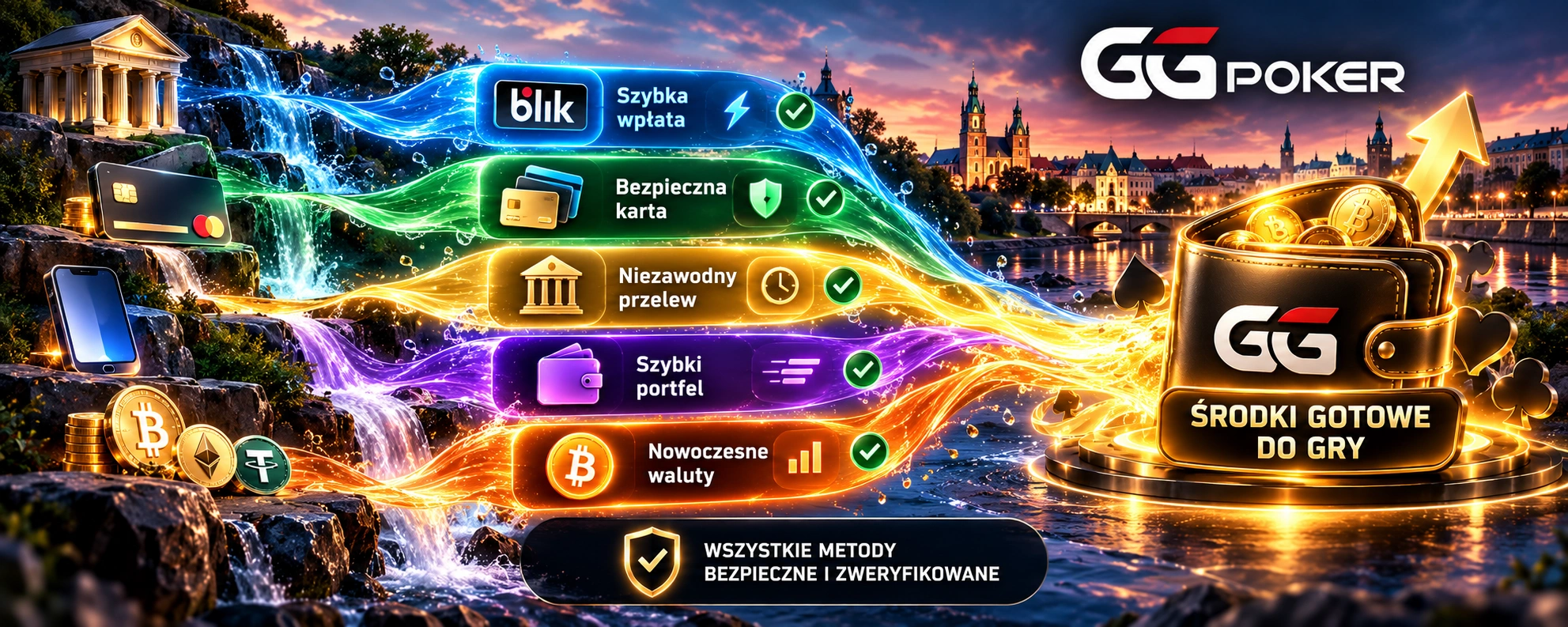 GGPoker w Polsce - wizualizacja metod płatności BLIK, kart, przelewów bankowych, e-portfeli i kryptowalut.