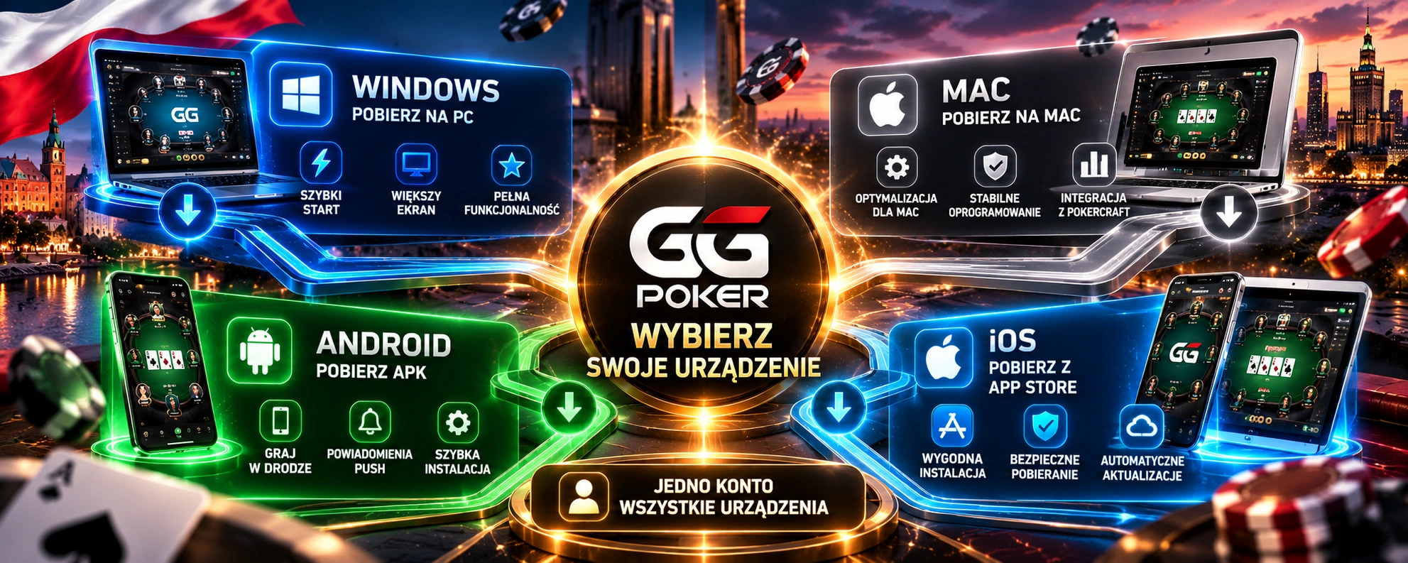GGPoker w Polsce - wybór urządzenia i instalacja na Windows, Mac, Android oraz iOS.