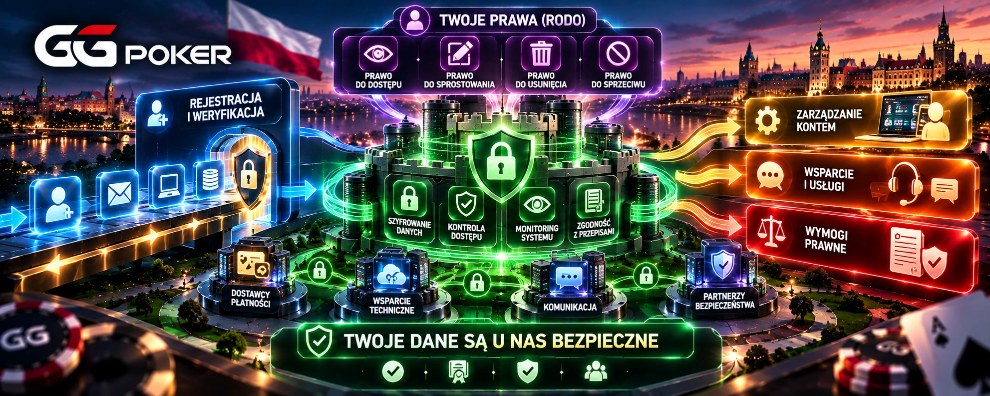 GGPoker w Polsce - system ochrony danych z szyfrowaniem, kontrolą dostępu, monitoringiem i prawami użytkownika RODO.